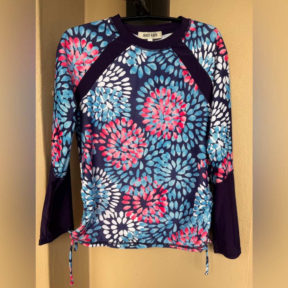Grace Karin Youth Girls Blue /Pink/White Rash Guard Top Long Sleeve Size 14Y